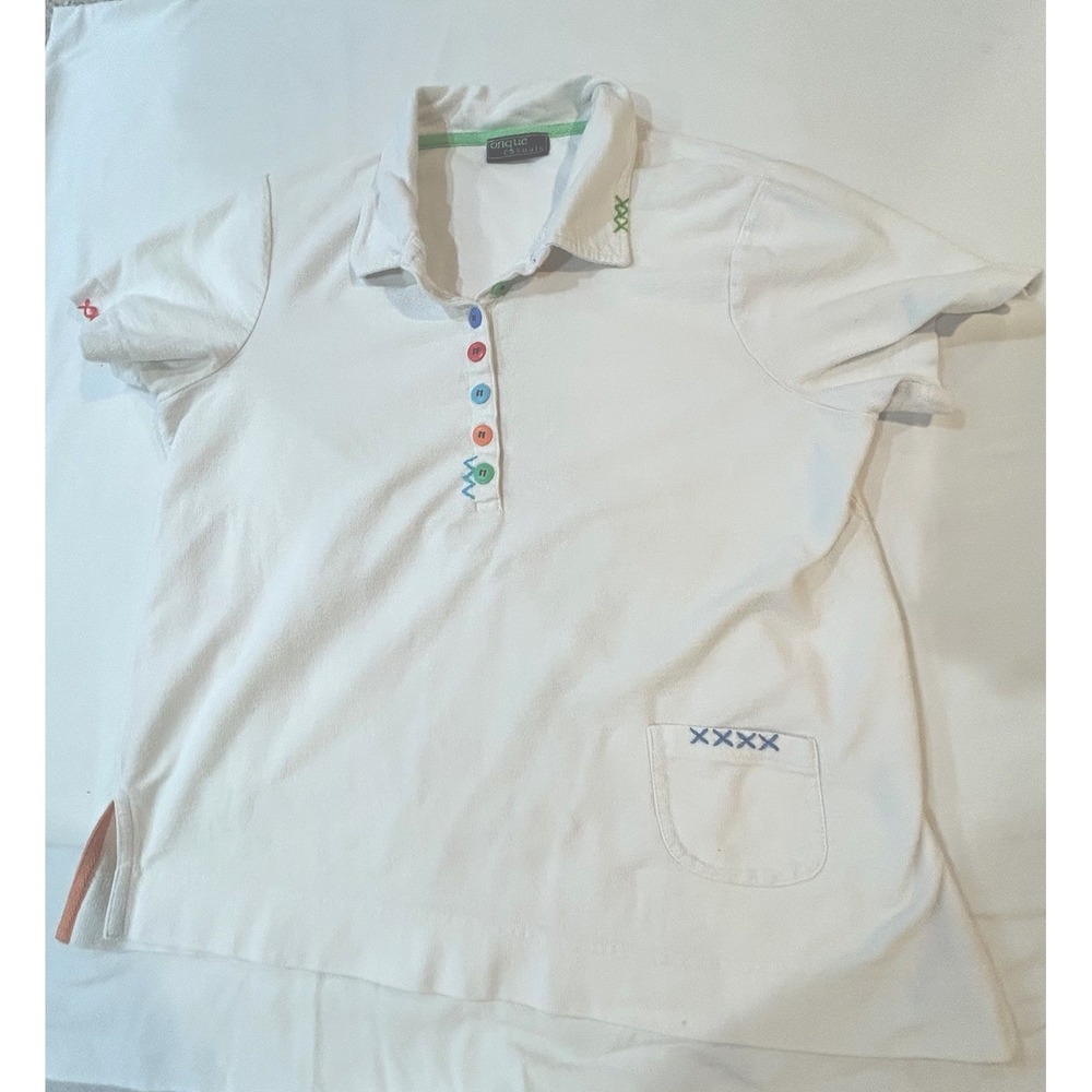 Onque Casuals White artsy Polo Top Colorful Buttons‎ teacher Sz S/M 100% Cotton